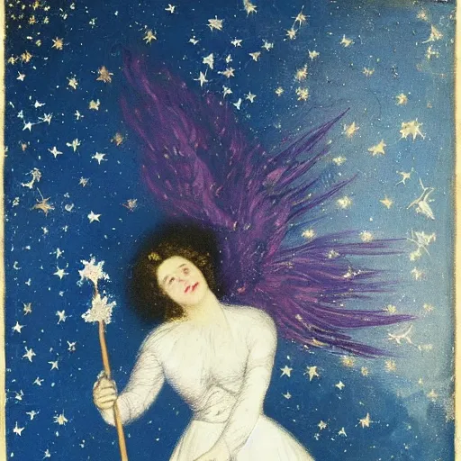 Image similar to The experimental art features a woman with wings made of stars, surrounded by a blue and white night sky. The woman is holding a staff in one hand, and a star in the other. She is wearing a billowing white dress, and her hair is blowing in the wind. violet by Mordecai Ardon, by Ivan Shishkin turbulent, earthy