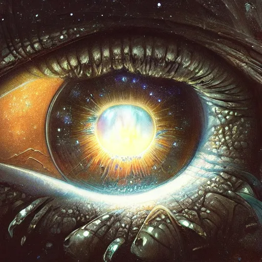 Image similar to low angle shot of a eye with the galaxy in the iris by clive barker, intricate, elegant, highly detailed, centered, digital painting, artstation, concept art, smooth, sharp focus, illustration, artgerm, Tomasz Alen Kopera, Peter Mohrbacher donato giancola, Joseph Christian Leyendecker, WLOP, Boris Vallejo.