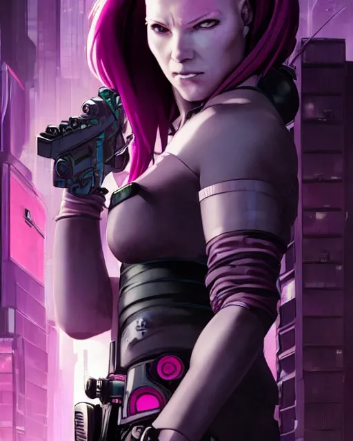 Prompt: a close up portrait of a beautiful single cyberpunk female assassin with pink hair running weapon on a ready determined face overlooking a cyberpunk city in the background, full face portrait composition, 2D drawing by Mike Mignola, Robbie Trevino, ellen jewett, Yoji Shinkawa , face by Artgerm, Ross Tran and WLOP