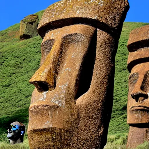 Image similar to easter island but the statues all look like rodney dangerfield, outdoor photography, landscape, detailed,