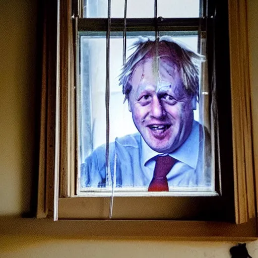 Image similar to a photo taken from the inside of an old house showing window blinds being pulled back to reveal a terrifying boris johnson with his face pressed against the window, boris ’ hand placed on the window, horrifying grin. horror, raining, night time