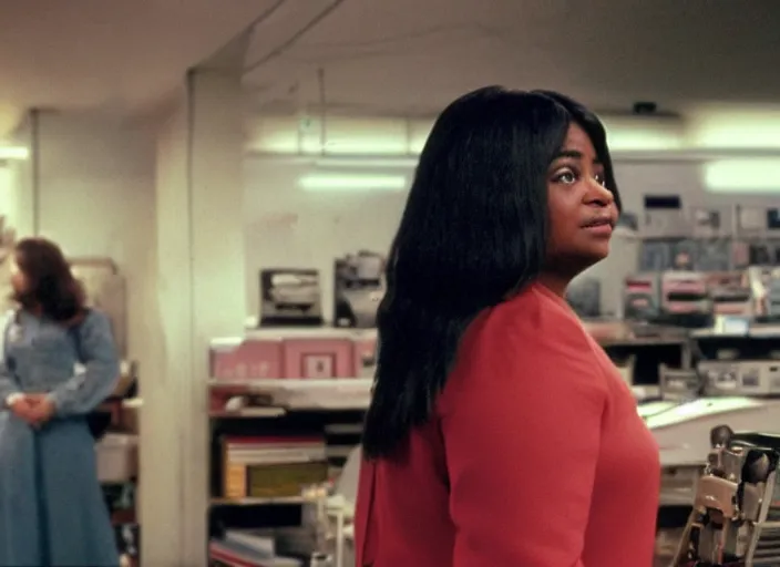 Image similar to cinematic shot of octavia spencer in an small used electronics store next to an old electronic keyboard, iconic scene from the paranoid thriller sci fi film directed by stanley kubrick, anamorphic cinematography, beautiful composition, color theory, leading lines, photorealistic, moody volumetric lighting