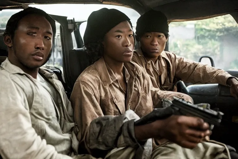 Image similar to movie diverse interracial team of Japanese robbers armed with rifles interior van, beautiful skin, Symmetrical faces. natural lighting by Emmanuel Lubezki