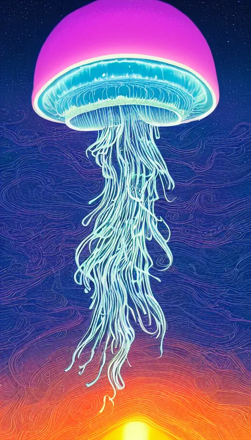 Image similar to little luminous jellyfish floating on cosmic cloudscape at sunset, futurism, dan mumford, victo ngai, kilian eng, da vinci, josan gonzalez