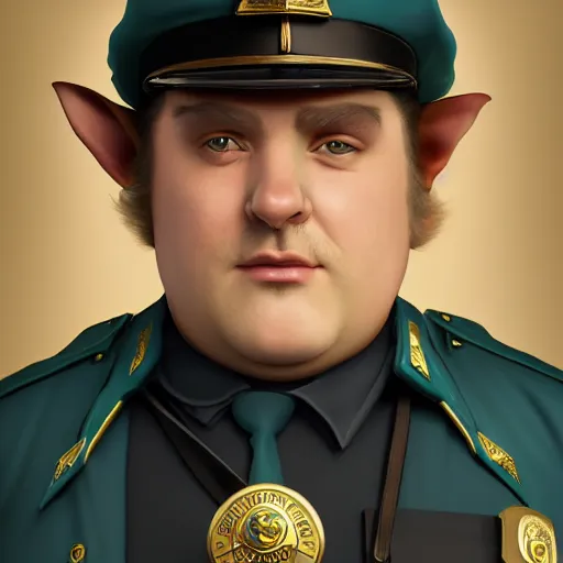 Image similar to a shifty fat high fantasy elf mall cop with a sheriff's badge, Oil Painting, hyperrealistic, octane render, Detailed Digital Art, RPG portrait, 3/4 bust, William-Adolphe Bouguereau, Michael Cheval, dynamic lighting, Highly Detailed, Cinematic Lighting, 8k, HD