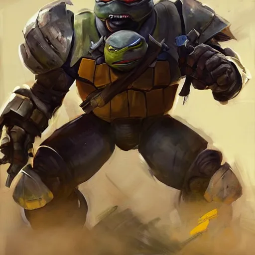 Image similar to greg manchess portrait painting of armored leonardo of tmnt as overwatch character, medium shot, asymmetrical, profile picture, organic painting, sunny day, matte painting, bold shapes, hard edges, street art, trending on artstation, by huang guangjian and gil elvgren and sachin teng