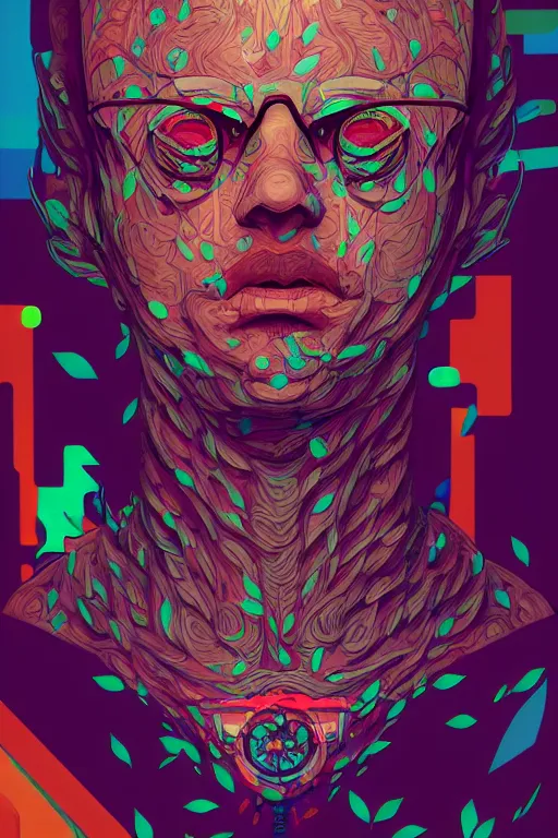 Image similar to abstract portrait, cyberpunk art, floating detailes, very detailed face, leaves by miyazaki, colorful palette illustration, kenneth blom, mental alchemy, james jean, pablo amaringo, naudline pierre, contemporary art, hyper detailed