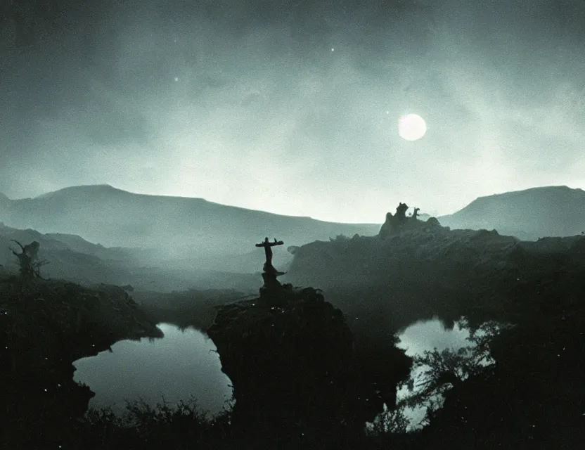 Image similar to wanderer, eerie, greek fantasy panorama, a magnificent lizard ghost giant above the magic shining river styx, at night, otherworldly, ghost giant above the horizon, stanley kubrick, 1 7 mm, wide shot, surreal, deep