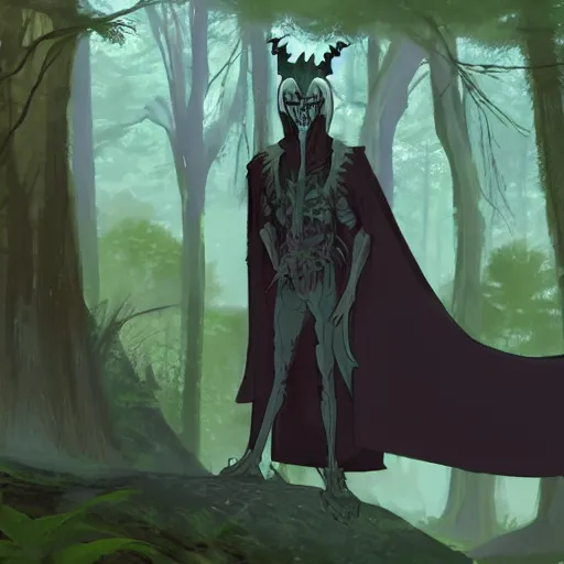 Image similar to concept art painting of an anthropomorphic dragon king with black robes, a long neck, and skull mask, in a deep forest, cel shaded, in the style of makoto shinkai and james gurney and studio ghibli and moebius