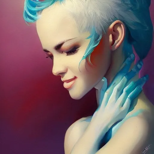 Image similar to a beautiful painting of a smiling woman with stylish short blue hair representative of the art style of artgerm and wlop and peter mohrbacher