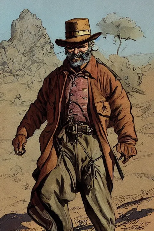 Image similar to vernon. Old rabbit dressed as an old west prospector. concept art by James Gurney and Mœbius.