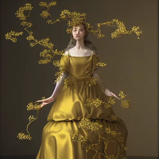 Image similar to 8 k, octane render, realism, tonalism, renaissance, rococo, baroque, portrait of a young lady wearing long manga dress with flowers and ivy, background chaotic gold leaf flowers