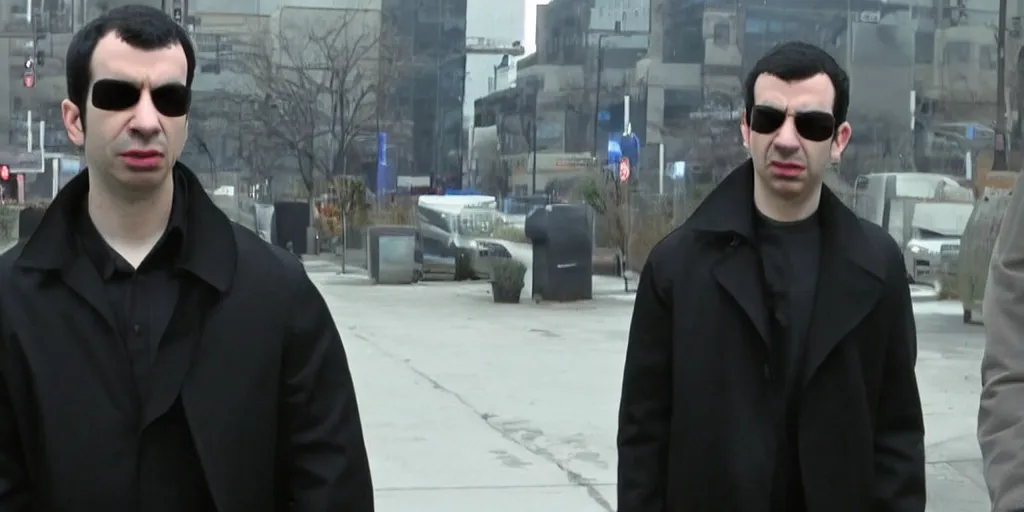 Prompt: nathan fielder dodging a bullet in the matrix, wearing a cool black coat, ultrarealistic, 4 k