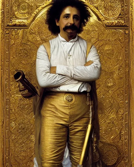 Image similar to brilliant albert einstein, dressed in ornate, detailed, intricate golden armor, surrounded by mathematical equations, detailed oil painting by william adolphe bouguereau