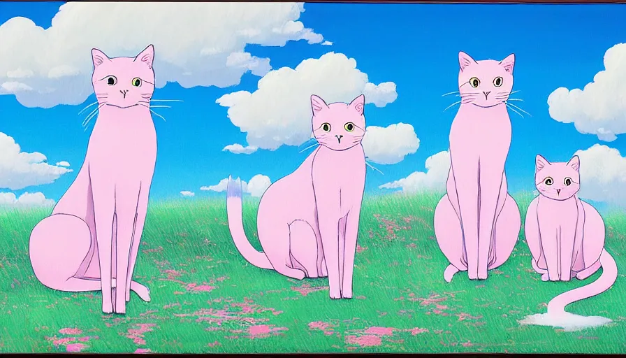 Image similar to highly detailed contemporary acrylic painting of really tall sitting cats by studio ghibli, thick brush strokes and visible paint layers, glistening clouds in background, light blue black, white and pink vivid pastel color scheme