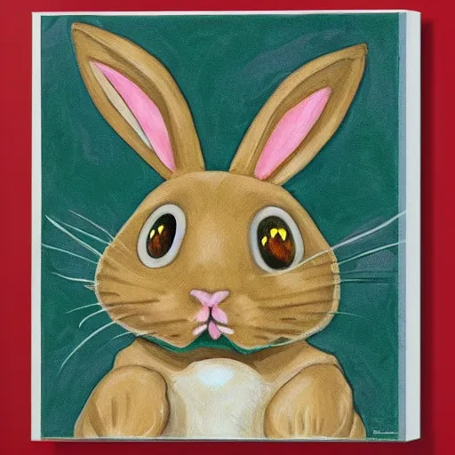 Image similar to detailed paint of a cute beige rabbit with cat's paws and cat's muzzle, big green eyes, long tail and long floppy ears