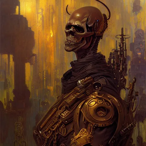 Image similar to portrait of skeletor. shadowrun cyberpunk fantasy highly detailed painting by gaston bussiere craig mullins jc leyendecker gustav klimt artgerm greg rutkowski john berkey, bergey, craig mullins, ruan jia, raymond swanland, jeremy mann, tom lovell, alex malveda