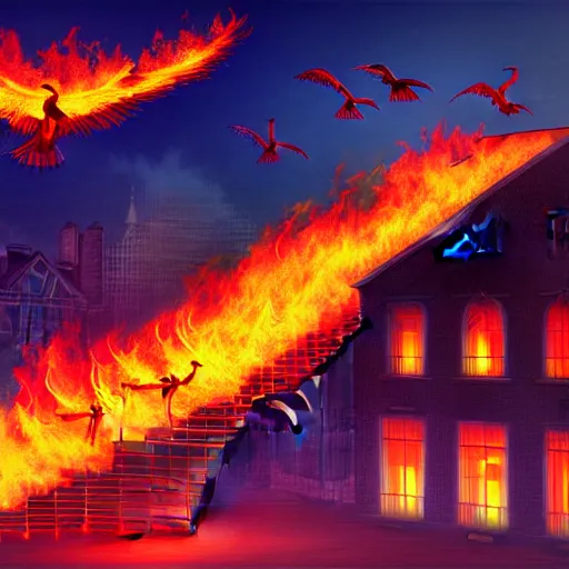 Image similar to in the lower part of the picture is the harp burning in the fire, above are cranes flying in flames, digital painting, concept art