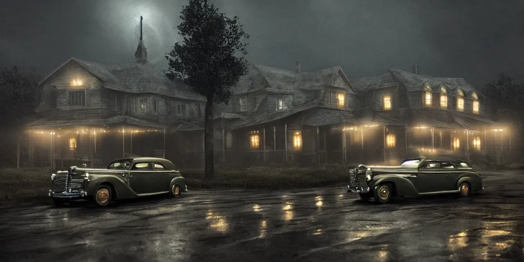 Image similar to Lovecraft Country, ultra detailed haunted house, establishing atmospheric shot, octane renderer, F11 aperture, night, volumetric fog, lighting and thunder, stormy weather, ultra detailed rain drops, reflections, film grain, single ultra detailed grey 1948 Packard Station Sedan parked in the street,