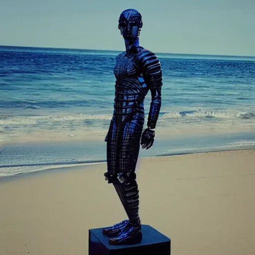 Image similar to “a realistic detailed photo of a guy who is an attractive humanoid who is half robot and half humanoid, who is a male android, Mike the Situation, shiny skin, posing like a statue, blank stare, at the beach, on display”