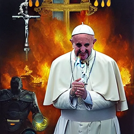 Image similar to the pope in movie avengers, by drew struzan