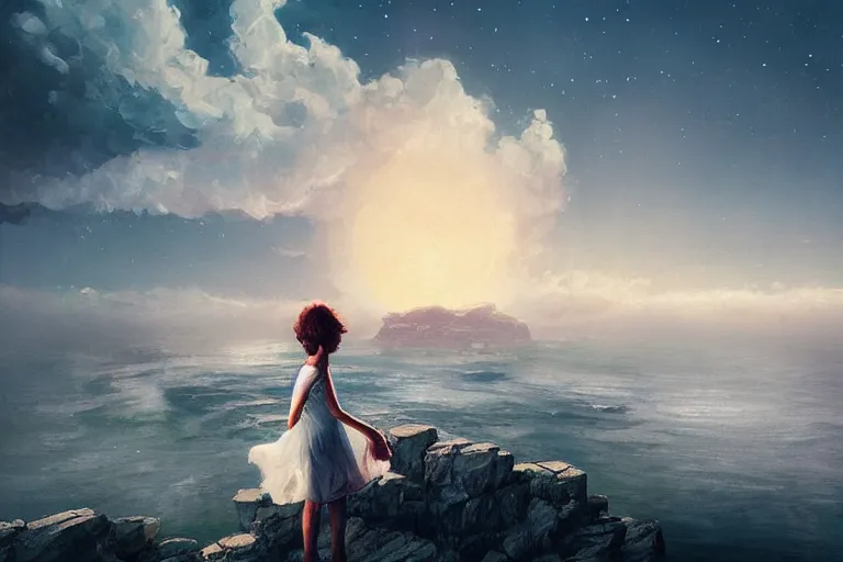 Image similar to giant white daisy flower over head, girl standing on rocky cliff, surreal photography, eclipse, milky way, dramatic light, impressionist painting, colorful clouds, digital painting, artstation, james gilleard, liam wong, jeremy mann, simon stalenhag