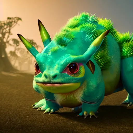 Image similar to photography of a realistic venusaur animal, ultra detailed, 8 k, cinematic lighting, natural background, trending on artstation, pokemon