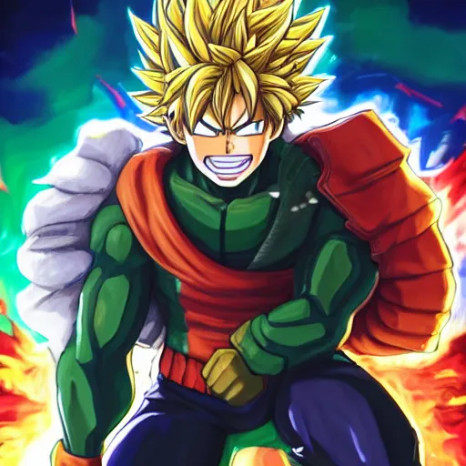 Prompt: an oil painting of a izuku midoriya wearing super sayian armor in mha gta style, by artgerm, hd, hdr, ue 5, ue 6, unreal engine 5, realistic anime 3 d style, cinematic 4 k wallpaper, 8 k, ultra detailed, gta cover art, high resolution, artstation, award winning