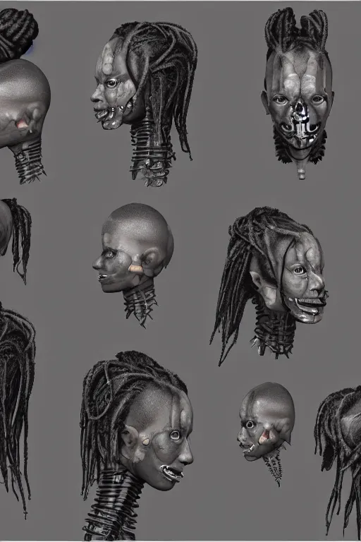 Prompt: african dreadlock hairstyles!! cyborg female with gunmetal grey skin, medical anatomy, paneled face, highly detailed, mecha, mechanical implants, three - perspective / three - view reference sheet ( front / back / side ), in the style of dan ouellette, dren from splice, hr giger, sil from species, artstation, unreal engine