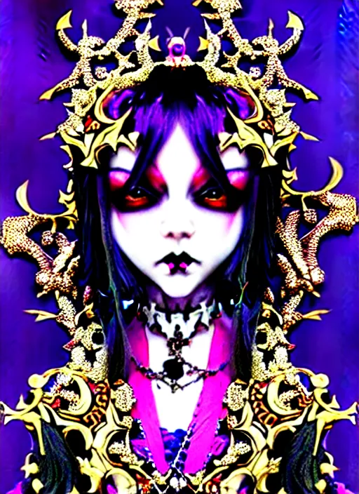 Image similar to baroque bedazzled gothic royalty frames surrounding a pixelsort emo demonic horrorcore japanese beautiful jester visual kei doll, low quality sharpened graphics, remastered chromatic aberration