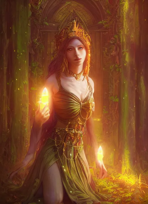 Image similar to Beautiful art portrait of a female fantasy priestess in a bright temple surrounded by lush forest, atmospheric lighting, intricate detail, cgsociety, hyperrealistic, octane render, RPG portrait, ambient light, dynamic lighting