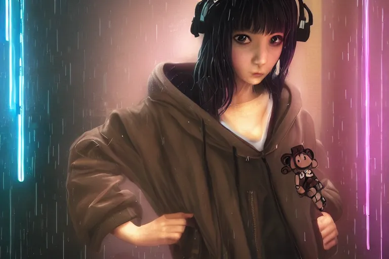 Image similar to an epic fantasy comic book style portrait painting of an extremely cute and adorable very beautiful cyberpunk lain ( serial experiments lain ) wearing a teddy bear hoodie in the rain, neon reflections, character design by mark ryden and pixar and hayao miyazaki, unreal 5, daz, hyperrealistic, octane render, cosplay, rpg portrait, dynamic lighting, intricate detail, cinematic