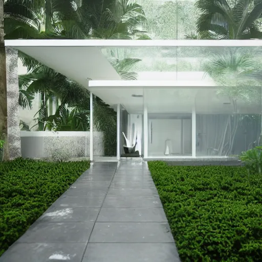 Prompt: simple house architecture in the rainy tropical forest made of glass and white cloth, flowers in the foreground, Wes Anderson and Mies van der Rohe style, wide angle cinematic lighting atmospheric realistic octane render highly detailed in he style of craig mullins, full hd render + 3d octane render + unreal engine 5 + Redshift Render + Cinema4D + C4D + Rendered in Houdini + Houdini-Render + Blender Render + Cycles Render + OptiX-Render + Povray + Vray + CryEngine + LuxCoreRender + MentalRay-Render + Raylectron + Infini-D-Render + Zbrush + DirectX + Terragen + Autodesk 3ds Max + After Effects + 4k UHD + immense detail + interdimensional lightning + studio quality + enhanced quality,