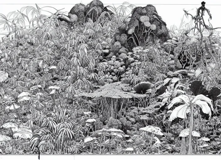 Prompt: surreal line art by kim jung gi!, a lot of jungle flowers and exotic plants + toxic mushrooms + long grass + tall stone + old paper, 5 0's vintage sci - fi style, rule of third!!!!, a computer rendering by ma yuan, featured on pixiv, generative art, painterly, cyanotype, stipple