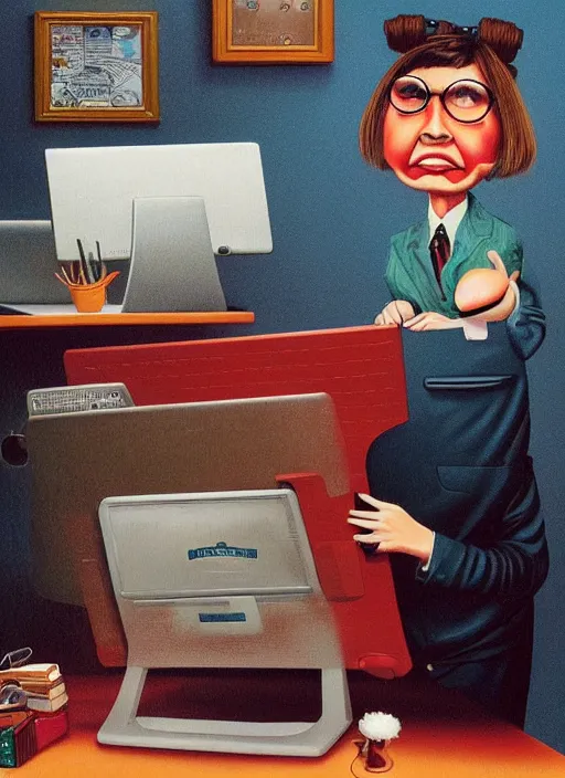 Prompt: A female office worker not understanding what the computer is doing. She's visibly confused. Todd Schorr, Mark Ryden, highly detailed