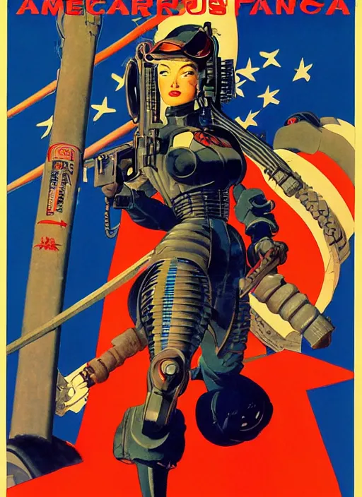 Image similar to american propaganda poster. cyberpunk samurai lady. portrait by jean giraud and anton otto fischer and john philip falter and will eisner and gil elvgren