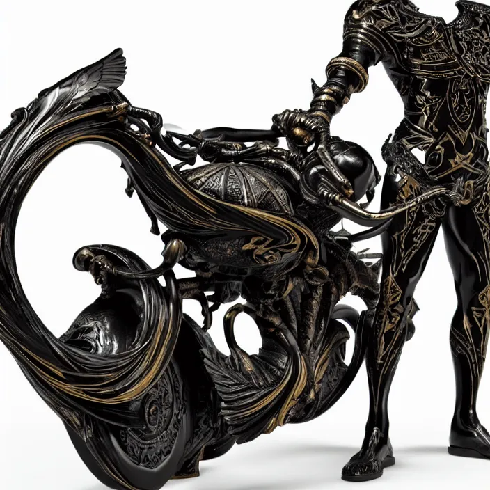 Prompt: fine art statue of black egyptian god on a surrealist motorbike, ebony art deco, carved black marble, inlaid with ebony and gold accents, ebony rococo, wings black lace wear, sculpted by spider zero, zaha hadid, beautifully lit, hyper detailed, intricate, elite, ornate, photorealistic, micro details, 3 d sculpture, ray trace