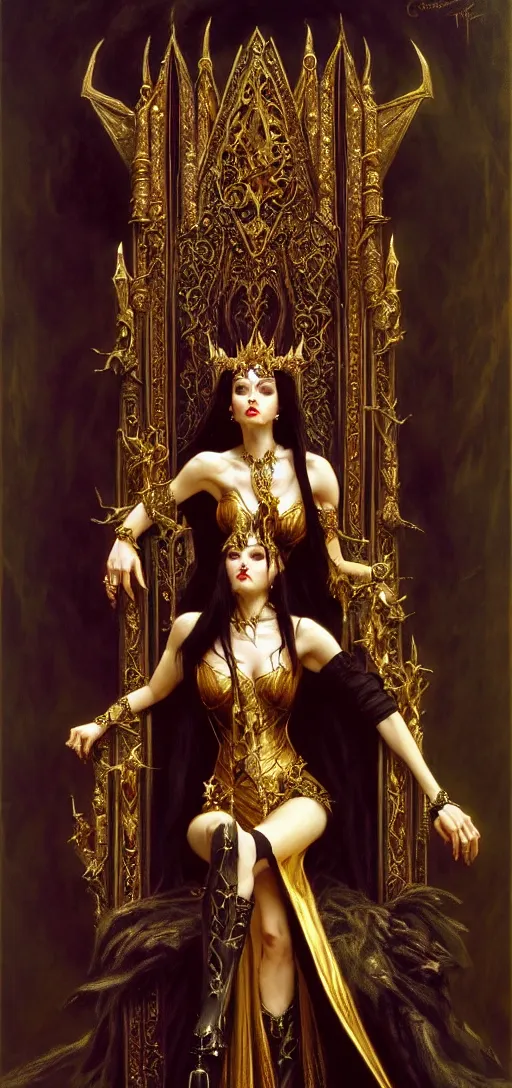 Image similar to full body portrait of beautiful vampire queen in gold gothic robes sitting on a throne of bones, elegant, highly detailed painting by gaston bussiere, craig mullins, j. c. leyendecker, 8 k, mid shot