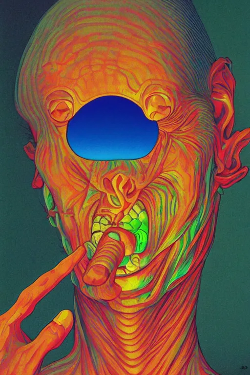 Prompt: a colorful vibrant closeup portrait of a simple half human half alien licking a tab of LSD acid on his tongue and dreaming psychedelic hallucinations, by kawase hasui, moebius, Edward Hopper and James Gilleard, Zdzislaw Beksinski, Steven Outram colorful flat surreal design, hd, 8k, artstation