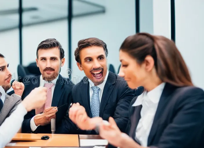 Image similar to photo of cats dressed in suits attending a management board meeting. Highly detailed 8k. Intricate. Sony a7r iv 55mm. Stock photo.