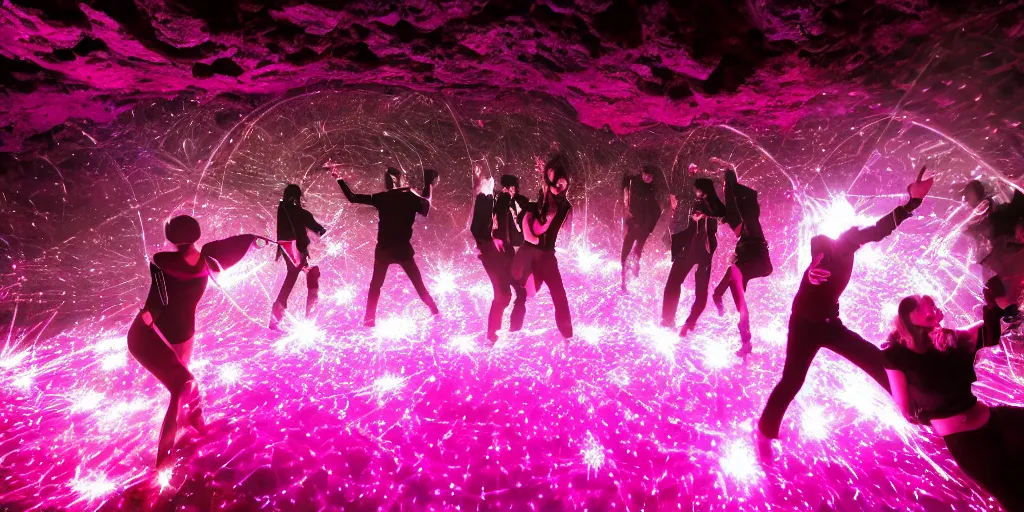 Image similar to cinematic shot of a goth disco nightclub in a cave, (((sphere made of knives))) pink lasers and blue crystals, goth people dancing, 8k photograph