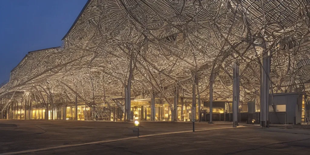 Prompt: extremely detailed ornate stunning sophisticated beautiful elegant victorian airport exterior by Henry Young Darracott Scott and Francis Fowke, stunning volumetric light, stainless steal, concrete, translucent material, beautiful sunset, tail lights