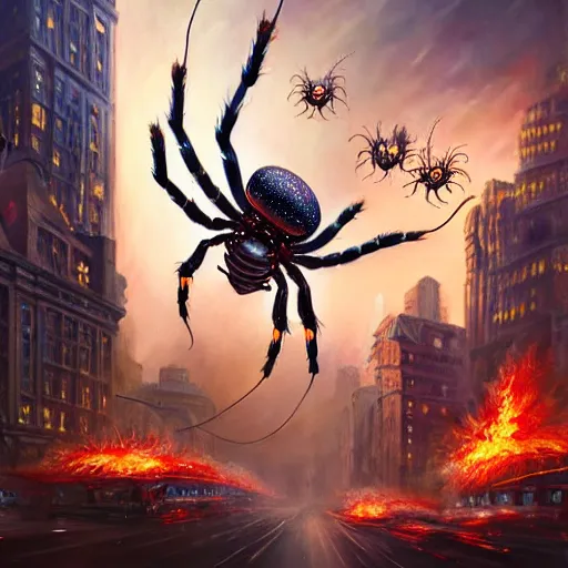 Image similar to beautiful oil painting with high detail of a mechanical spider attacking city and art direction by James Cameron ;by artgerm; wayne reynolds art station; cinematic quality character action render; ultra high quality model; production quality cinema model; flaming plasma aesthetic