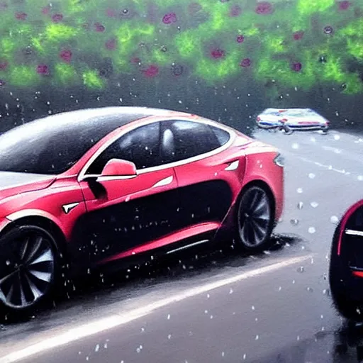 Image similar to a painting of elon musk driving a tesla the camera angle is just right and it's raining