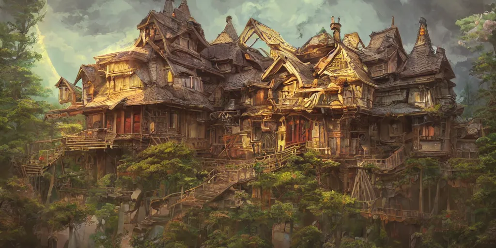 Prompt: a house with mechanical legs, Baba Yaga, cinematic angle, studio Ghibli, volumetric lighting, bold, beautiful composition, intricate, elegant, digital art, detailed oil painting, hyperrealistic, sharp focus, 8k