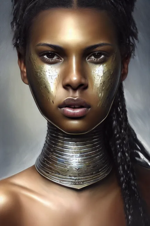 Prompt: a photorealistically painted portrait of an attractive young black girl, partially clothed in metal-plated battle armor, with an abstractly painted background, flawless olive skin, fair complexion, long dark hair, beautiful bone structure, perfectly symmetric facial features, perfect photorealistic eyes, natural physique, intricate, elegant, digital painting, concept art, finely detailed, beautifully illustrated, sharp focus, minimal artifacts, volumetric lighting, from DOOM and Halo, by Ruan Jia and Mandy Jurgens and Artgerm and William-Adolphe Bouguerea, in the style of Greg Rutkowski, trending on Artstation, award winning art