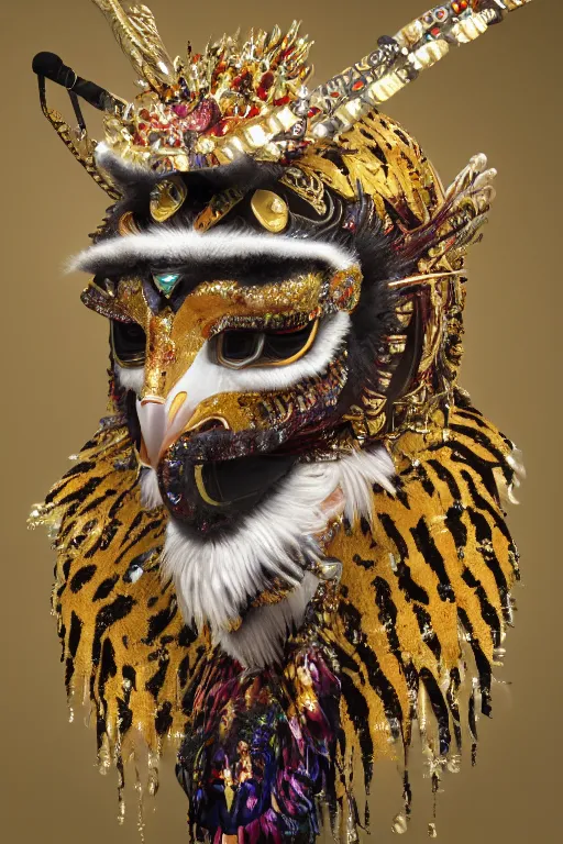 Prompt: masterful fantastic realist painting an exotic ancient feathered and bejeweled bird wearing an exquisitely painted bugaku mask of a tiger, gold chains strung like tinsel, digital painting trending on artstation, viciously blinded, chinese dragon kite, volumetric lighting and mist, cosplay, 3 / 4 portrait painting, hyperrealistic, octane render