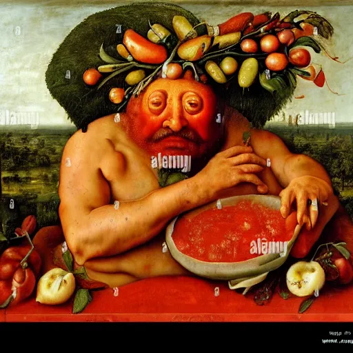 Image similar to a chef sitting in a bathtub full of tomato sauce, dinner is served, by giuseppe arcimboldo and ambrosius benson, renaissance, fruit, intricate and intense oil paint, realistic