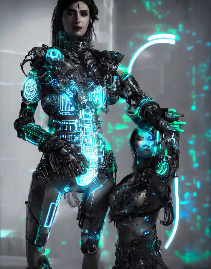 Image similar to full body portrait photo of afghan model cyborg with digital led skin, neon lighting, techno neon projector background, portrait photo, intricate details, ultra realistic, unreal engine 5, depth of field, bokeh, octane render, 8 k hd