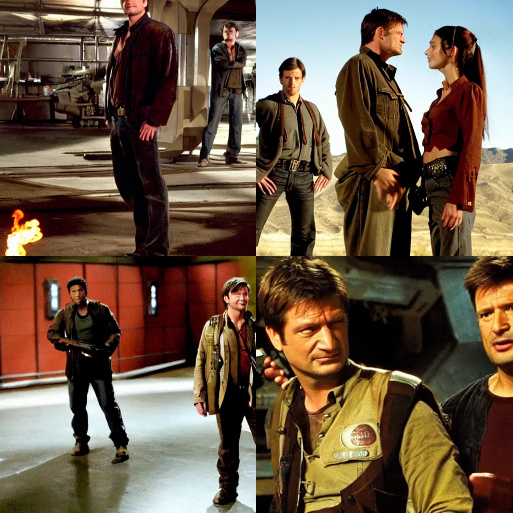 Prompt: a still from the second season of Firefly, sci-fi, browncoats, Nathan Fillion